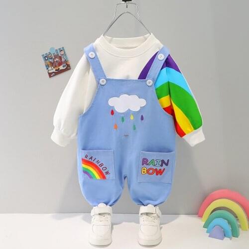 Boys 2pcs Clothes Set Baby Kids Children Spring Autumn Long Sleeve Rainbow Pullover T-shirt Tops+Overalls Pant Outfit S12801