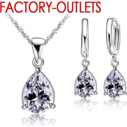 Hot Sale 925 Sterling Silver Bridal Jewelry Sets Cubic Zirconia Water Drop Necklaces Hoop Earrings Women Party Anniversary