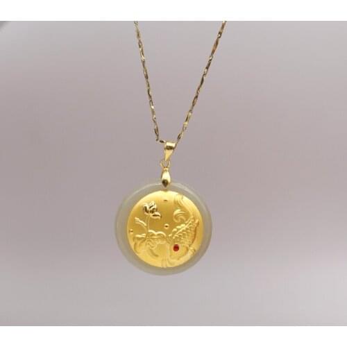New Design Men Women Necklace Natural White Hetian Jade 24k Gold Fish Flower Lucky Round Pendants For Couples Lovers
