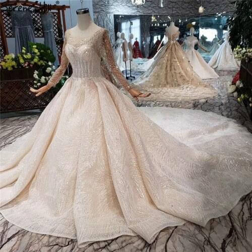 Serene Hill Long Sleeves Luxury Sparkle Wedding Dress 2019 Vintage High-end Beadings Sexy Bridal Gown Real Photo Custom Made