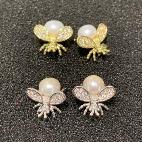 Cute romantic natural fresh water pearl stud earring copper with cubic zircon bee earring insect small size fashion girl & women
