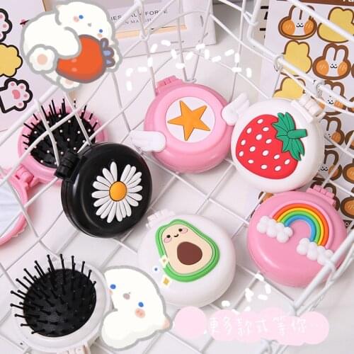 Cute girl Heart Folding Airbag Comb Cartoon Portable Plastic Air Cushion Head Massage Comb With Makeup Mirror