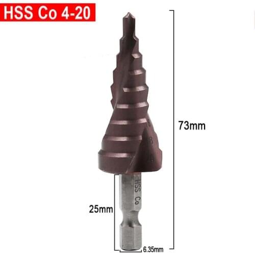 1/4" Hex shank Stepped Drill High Quality M35 HSS-Co 4-20mm Spiral Groove Step Drill Bit For Stainless Steel Core Drill Bit