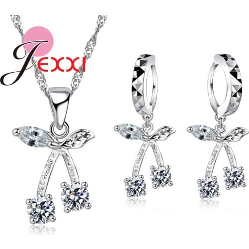Wedding Anniversary 925 Sterling Silver New Cherry Shape White Crystal Jewelry Sets Water Wave Necklace Earrings Set