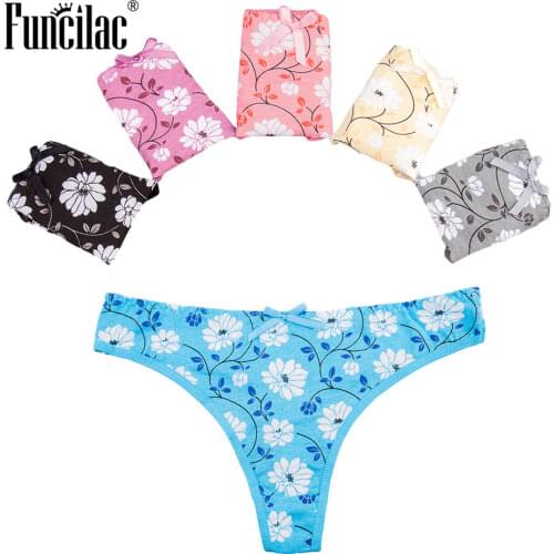 FUNCILAC Sexy Womens Thong Cotton G-String Panties for Ladies Floral Print Kawaii Girls Underwear Intimate Underpants 5 Pcs/set