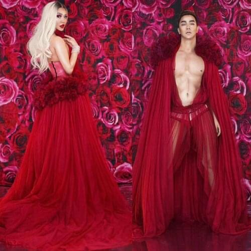 Nightclub Singer/Dancer Sexy Perspective Costume Men/Women Red Flower Lace Performance Stage Dress Featival Rave Outfit DT1351