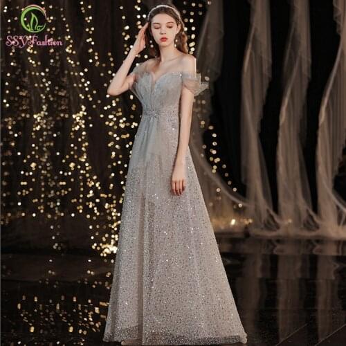 SSYFashion Luxury Evening Dress for Women Banquet Elegant Grey Sequins Beading Glittering Floor-length Long Prom Formal Gowns
