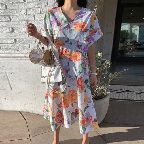 Fashion Print woman dress V Neck High Waist Casual holiday dresses for women Short Sleeves Loose Fit long vestidos 2021