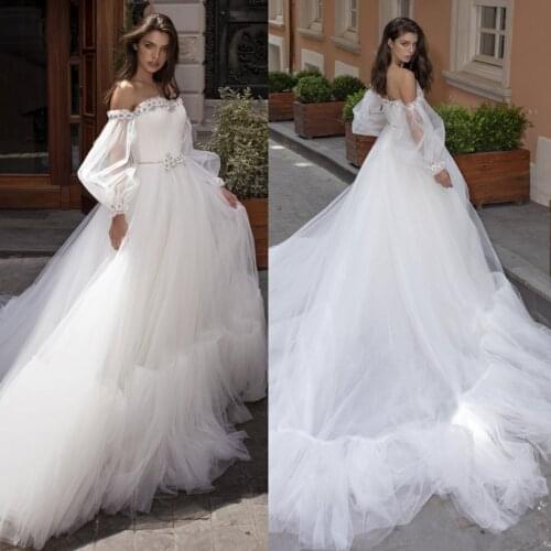 2020 New Wedding Dresses Sweetheart Long Sleeves Lace Tulle Bridal Gowns Custom Made Sweep Train A-Line Wedding Dress