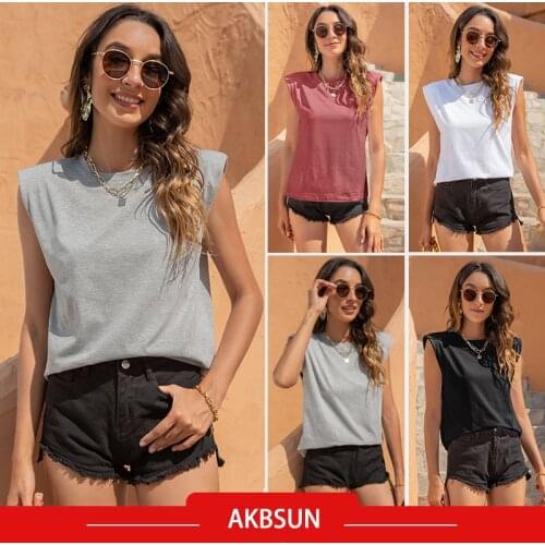 AKBSUN 2021 Fashion Summer New Products Womens Round Neck Casual Solid Color Sleeveless Shoulder Rest Vest T-Shirt Women