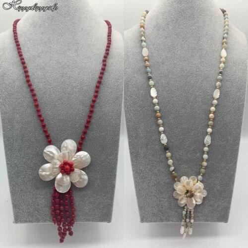 Boho Women Or Girls Handcrafted Shell Flower Pendant Tassle Necklace Birthday Gift Jewelry Endless Necklace 27"
