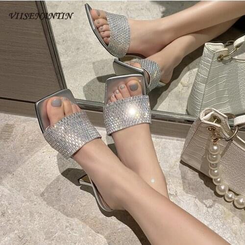 Fashion square open toe stiletto high-heeled sandals and slippers summer silver rhinestone ladies style high-heeled slippers