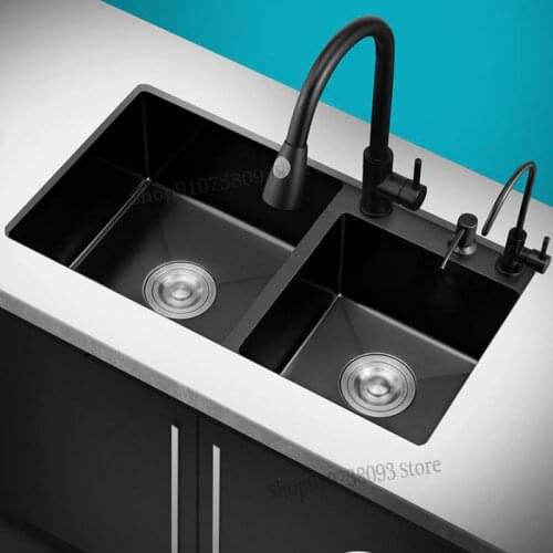 Black Nano Sink Double Sink Kitchen Large Wash Basin 304 Stainless Steel Manual Sink Set