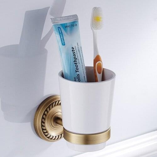 Cup & Tumbler Holders Antique Brass Toothbrush Double Cup Holder Wall Bathroom Accessories Tumbler Rack Glass For Brushes