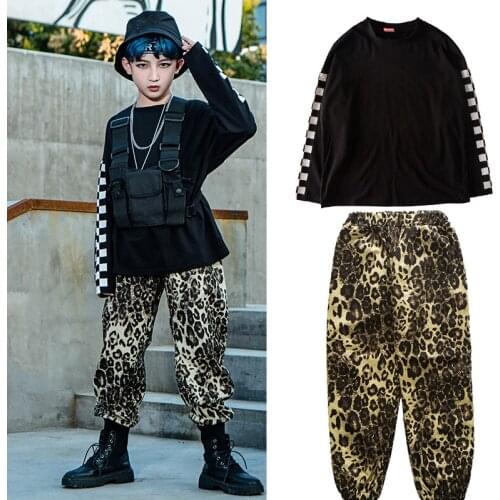 Hip-Hop ChildrenS Jazz Dance Costumes Boys Black Long-Sleeved Leopard Pants Performance Clothes Drum Street Dance Wear SL4569