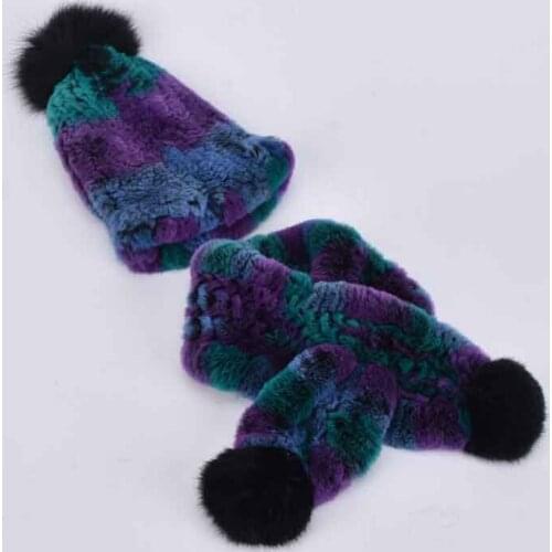 Baby Genuine Rex Rabbit Fur Hat With Scarf Warm Winter Cap For Kids Knitted Beanies Hats With Fur Pom Poms