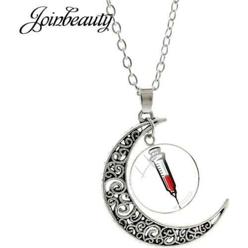 JOINBEAUTY Doctor Nurse Gifts Syringe Heartbeat Picture Necklace Moon Glass Pendant Accessories Decorative Jewelry NT275