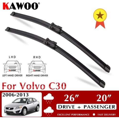 KAWOO For VOLVO C30 Car Natural Rubber Windcreen Wipers Blades 2006 2007 2008 2009 2010 2011 2012 2013 Fit Push Button Arm