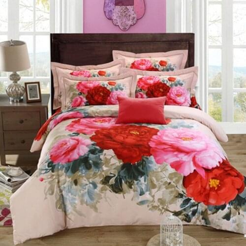 100% Cotton Sanding Printed Flower Bedding Set Wedding Bed Sheet set Duvet Cover Pillowcase Queen King 4pcs purple rose lily