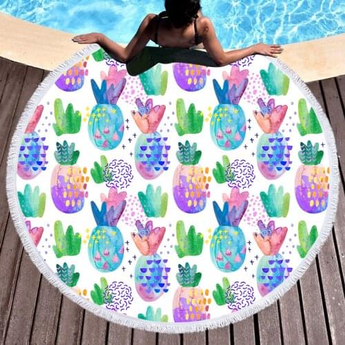 Cool Summer Pineapple Round Beach Blanket Tapestry Picnic Table Cover Beach Towel Pear Tassel Beach Towels For Photo Background