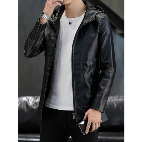 New Mens Black Faux Leather Jacket Hooded Coat Casual Coats Size 4XL T192