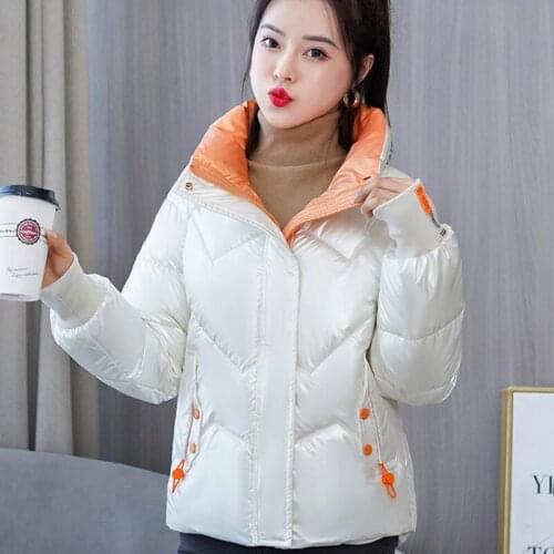 2021 Korean Fashion Womens Glossy Zippers Hidden Button Down Winter Short Spliced Cotton Padded Jackets Casaco Feminino Inverno