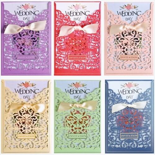 Laser Cut Wedding Invitations 50pcs Pearl Paper Gold luxury Elegant Lace Invitations Ribbon Custom Party Business RSVP Cards