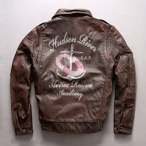 2019 Men Retro Vintage Brown Cow Genuine Leather Jacket Fashion Pattern Short Slim Fit Jacket Pilot Winter Coats