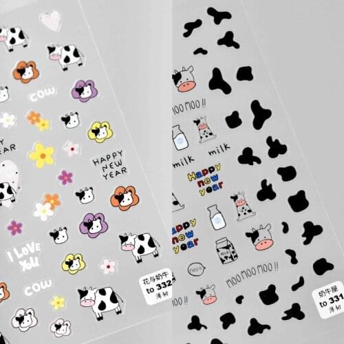 Happy New Year Cute Cow Flowers Pattern Self Adhesive 5D Nail Art Stickers Decals Chinese Elements Manicure DIY Nail Accessories