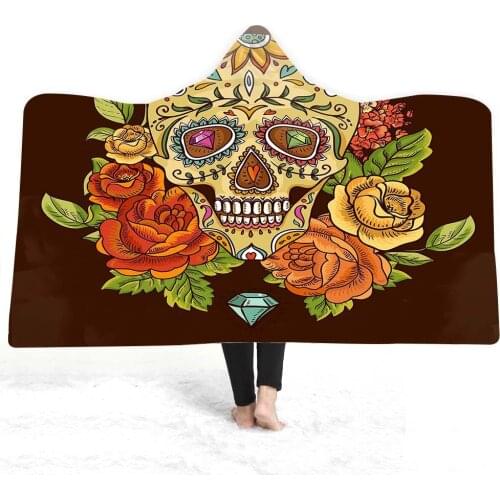 Adults Hooded Blankets Comfy Plush Thick Double Layer Soft Warm Camping Wearable Skull Printed Blanket With Hooded