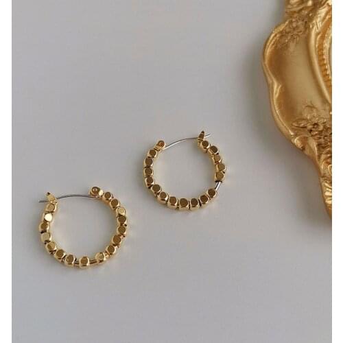 SRCOI Gold Color Small Tiny Beads Square C Earrings Punk Style Bright Peas Bean Round Hoop Earrings Women Jewelry Friend Party