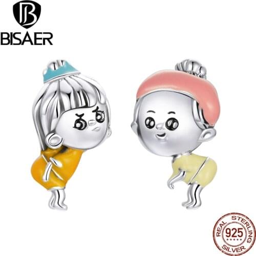 BISAER 100% 925 Sterling Silver Naughty Sister Charms For Original Silver Girl Charms Bead DIY Bracelet Bangle Jewelry ECC1844