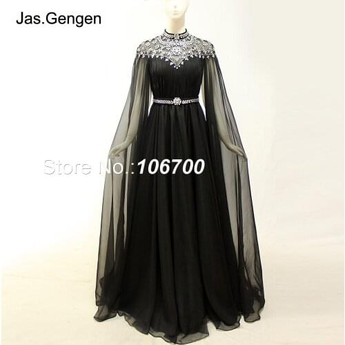 2018 Arabian Style Crystal Beading Evening Dresses Full Length Sleeve Black Illusion High Neck Chiffon Prom Gown 1122