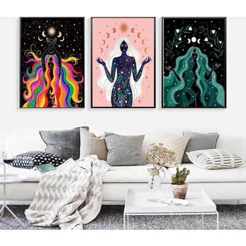Vintage Poster Stars Moon Magical Sun Art Prints Witchcraft Boho Poster Earth Goddess Painting Wall Picture Home Decor