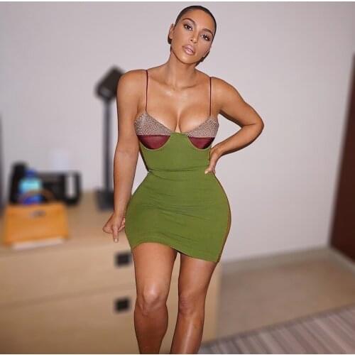 YT 2021 Vintage Design Green Colorblock Khaki Burgundy Bra -Style Neckline Bustier Bodycon Kim Party Dress