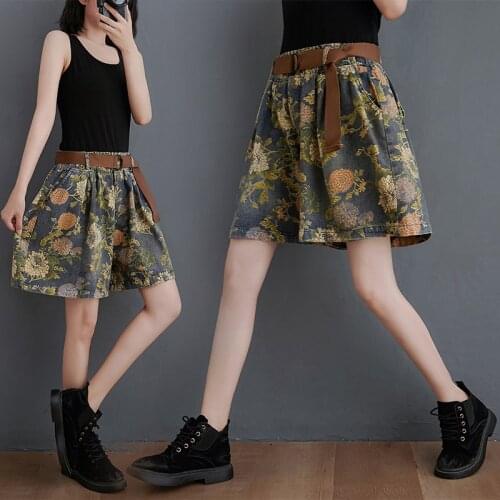 Women High Waist Vintage Print Denim Shorts Distressed Streetwear Baggy Jeans Short Feminino Wide Leg Jeans Pants Pluis Size