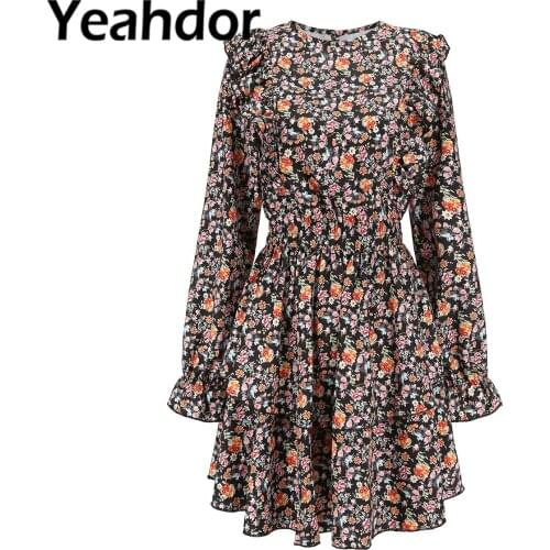 Women Summer Dresses Fashion Streetwear Long Sleeves Ruffle Shoulder Hem Floral Printed Slim Waist Dress Female Beach Outfit