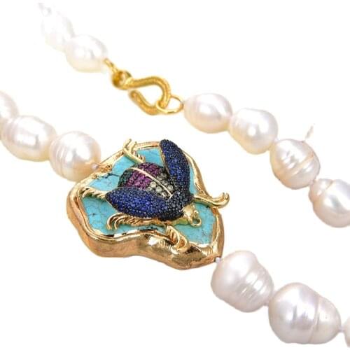 GG Jewelry Cultured White Rice Pearl Blue howlite Insect Cz Pave choker Necklace 19'' ethnic style for women