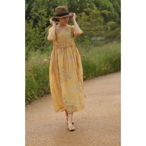 Women Ramie Printed Dress Ladies Three Quarter Sleeve Summer V neck Robe Dress Female Vintage Retro Print Dress 2021