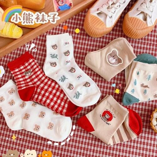 1 Pair Harajuku Cute Cartoon Womens Socks Cotton Fashionable Bear Socks for Girl Female Christmas Home Floor Socks