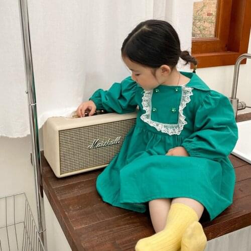 2021 Girls' pure bubble sleeve princess skirt girls' lace double breasted dress