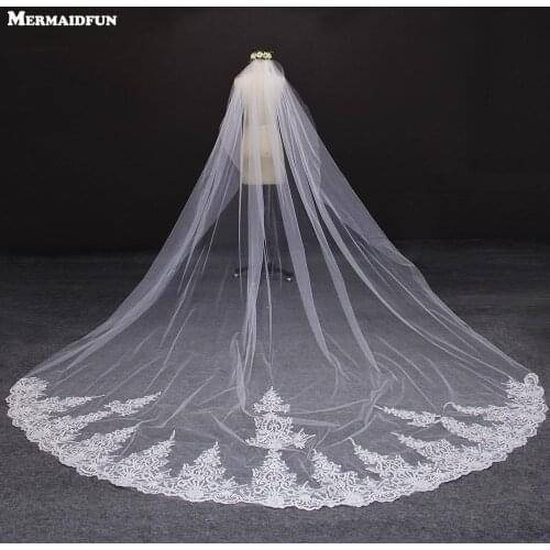 4 Meter White/Ivory One Layer Beautiful Cathedral Length Lace Edge Wedding Veil With Comb Long Bridal Veil Voile Mariage
