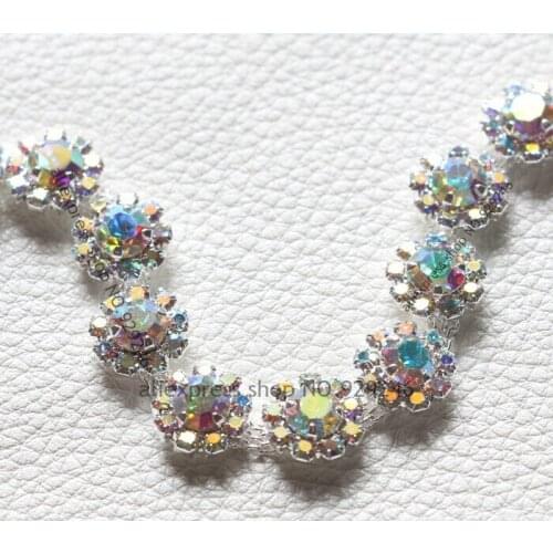 Free shipping 1 yard/pack 0.95cm thin ab crystal metal chain rhinestone flower appliques for crafts dress sunglasses decoration