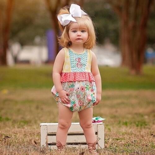 Baby girls romper summer sleeveless colorful bright color younger sister bodysuit flower floral cotton print infant clothing