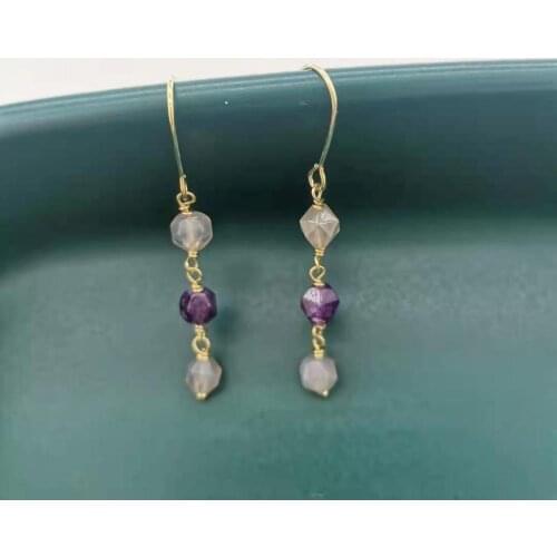 Geniune Natural Stone Earrings Faceted Amethyst Gray Onyx 14K Gold Filled Hand Made Dangle Bohemian Earrings For Women Girl Gift
