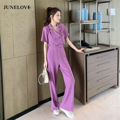 JuneLove New Summer Two Piece Set Vintage Women Double Breasted Short-sleeve T Shirts + Loose Preppy Casual Wide Leg Pants Suit