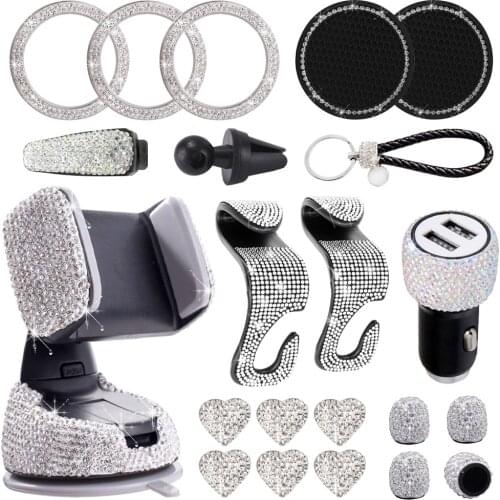 21PCS Bling Car Accessories Kits for Girl Rhinestone Dual USB Car Charger Phone Mount Tire Valve Cap Glass Cup Pad Backseat Hook