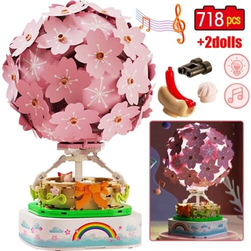City Creator Japanese style Street View Cherry Hot Air Balloon Model Building Blocks Music House MOC Brick Toys for Childrends