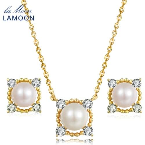 LAMOON 8mm 100% Natural Freshwater Pearl Jewelry 925 Sterling Silver Jewelry Pendant Jewelry Set V036-2