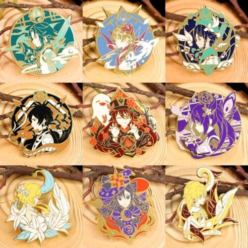 Genshin Impact Hu Tao Venti Keqing Zhongli Metal Badge Button Brooch Pins Collection Medal Pendant Costume Souvenir Cosplay